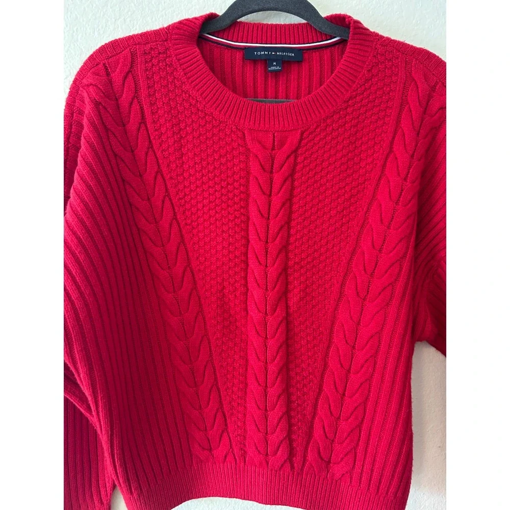 Tommy Hilfiger Chunky Preppy Red Cable Knit‎ Crewneck Sweater SZ M